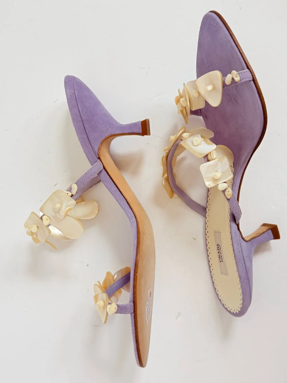 Rare 2003 Prada Archive Glicine Shell Embellished Suede Kitten Heel Mules EU 37